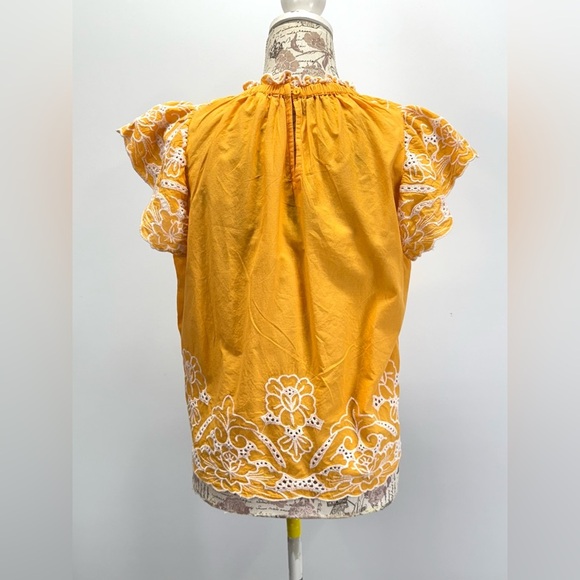 JENNIFER & GRACE Marigold Yellow and White embroidered flutter sleeve top size S - Picture 11 of 13